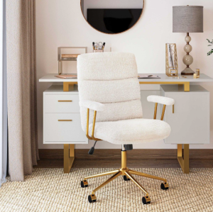 Modern Height Adjustable Desk Chair White and Gold Textured Boucle Fabric Padded Arms Office Chair