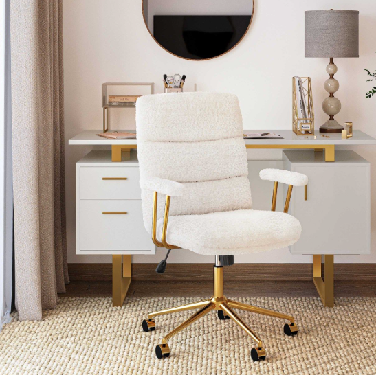 Modern Height Adjustable Desk Chair White and Gold Textured Boucle Fabric Padded Arms Office Chair