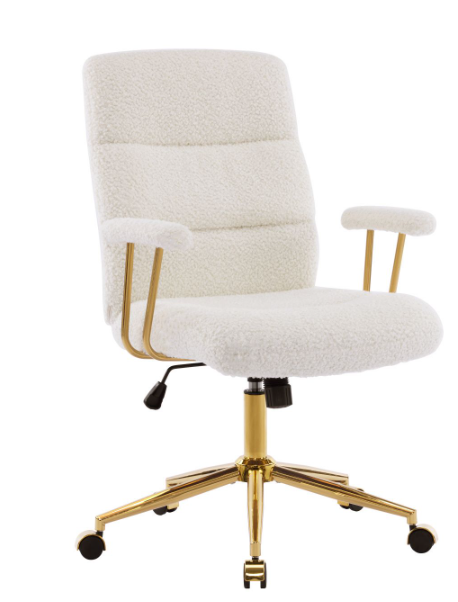Modern Height Adjustable Desk Chair White and Gold Textured Boucle Fabric Padded Arms Office Chair