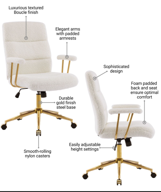 Modern Height Adjustable Desk Chair White and Gold Textured Boucle Fabric Padded Arms Office Chair