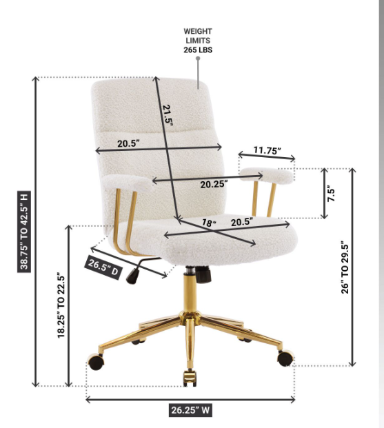 Modern Height Adjustable Desk Chair White and Gold Textured Boucle Fabric Padded Arms Office Chair
