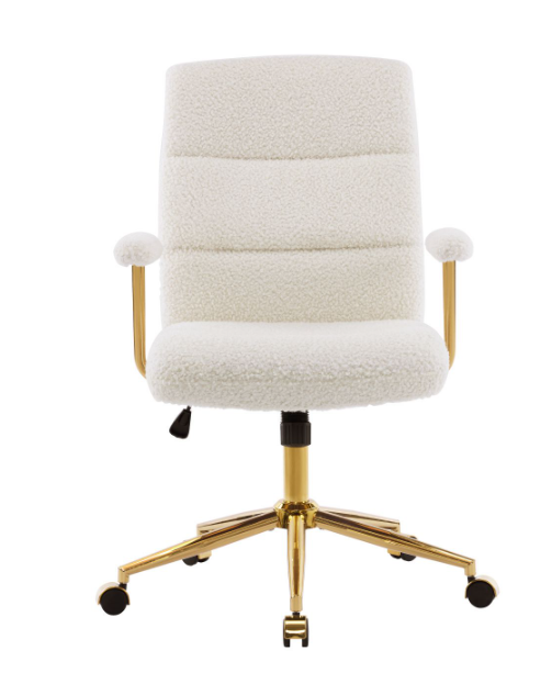 Modern Height Adjustable Desk Chair White and Gold Textured Boucle Fabric Padded Arms Office Chair