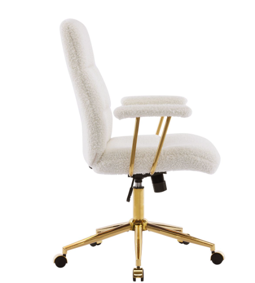 Modern Height Adjustable Desk Chair White and Gold Textured Boucle Fabric Padded Arms Office Chair