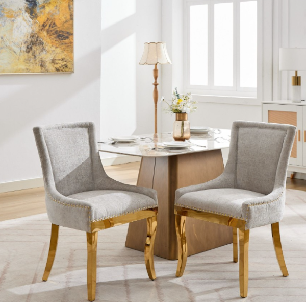 Chenille Dining Chairs Modern Style Curved Gold Plated Legs Rivet Trim Upholstered Dining Seating Hotel Set of 2