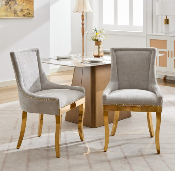 Chenille Dining Chairs Modern Style Curved Gold Plated Legs Rivet Trim Upholstered Dining Seating Hotel Set of 2