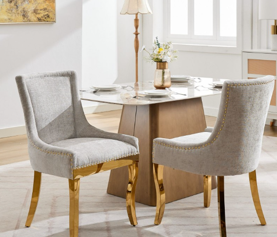 Chenille Dining Chairs Modern Style Curved Gold Plated Legs Rivet Trim Upholstered Dining Seating Hotel Set of 2