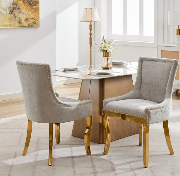 Chenille Dining Chairs Modern Style Curved Gold Plated Legs Rivet Trim Upholstered Dining Seating Hotel Set of 2