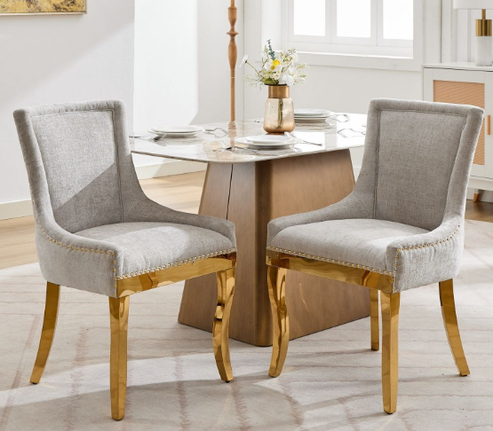 Chenille Dining Chairs Modern Style Curved Gold Plated Legs Rivet Trim Upholstered Dining Seating Hotel Set of 2
