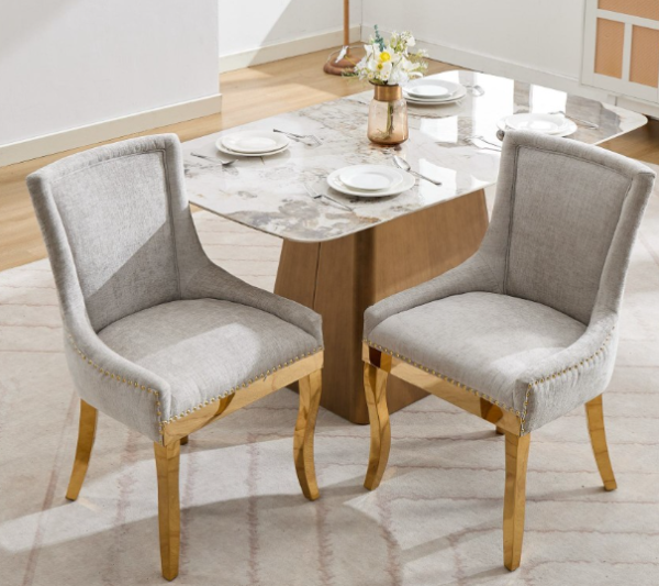 Chenille Dining Chairs Modern Style Curved Gold Plated Legs Rivet Trim Upholstered Dining Seating Hotel Set of 2